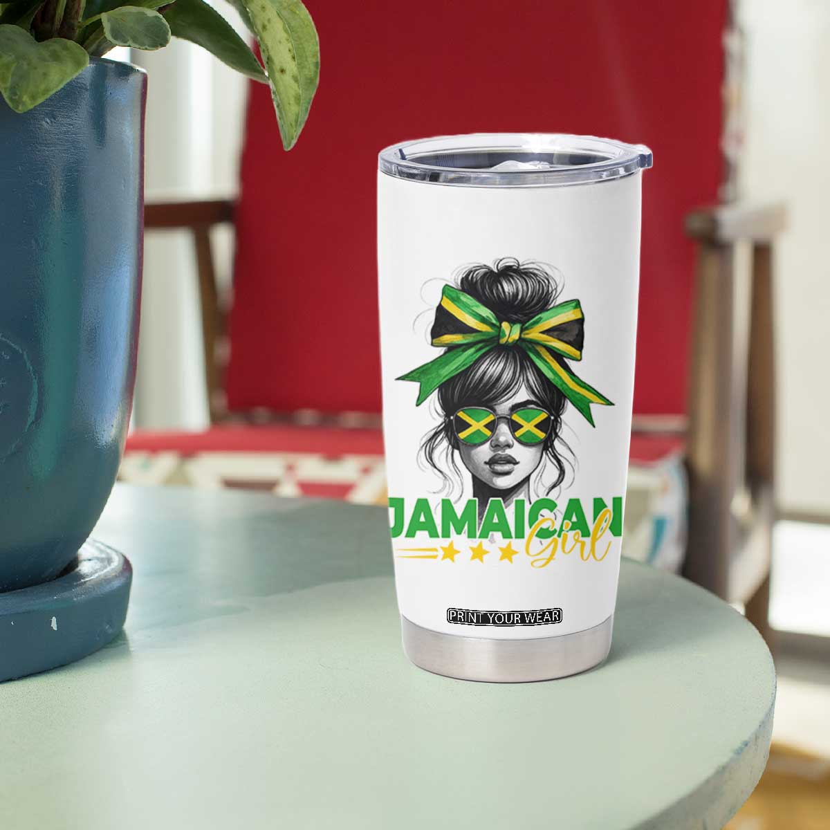 Proud Jamaican Girl Tumbler Cup Jamaica Messy Bun Retro Vintage Jamaican Flag TS10 Print Your Wear