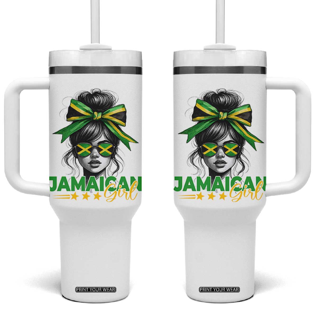 Proud Jamaican Girl Tumbler With Handle Jamaica Messy Bun Retro Vintage Jamaican Flag TS10 One Size: 40 oz White Print Your Wear
