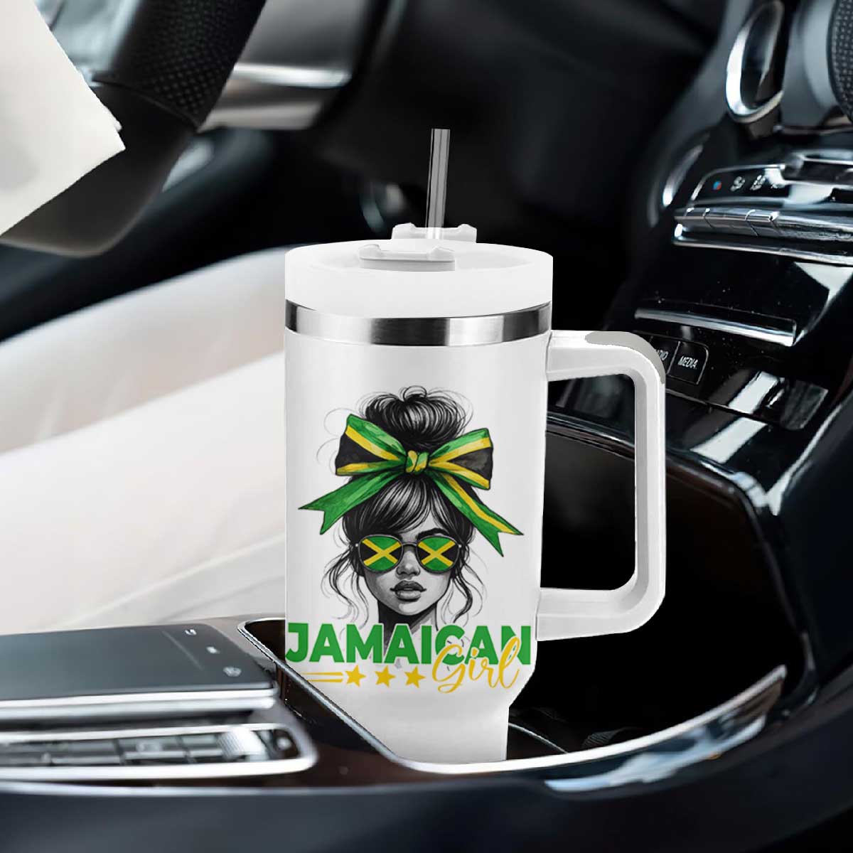 Proud Jamaican Girl Tumbler With Handle Jamaica Messy Bun Retro Vintage Jamaican Flag TS10 Print Your Wear