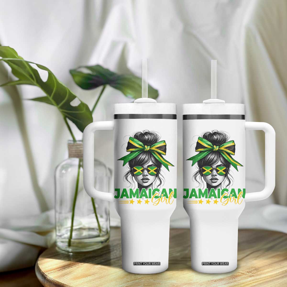 Proud Jamaican Girl Tumbler With Handle Jamaica Messy Bun Retro Vintage Jamaican Flag TS10 Print Your Wear