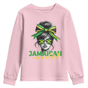 Proud Jamaican Girl Youth Sweatshirt Jamaica Messy Bun Retro Vintage Jamaican Flag TS10 Light Pink Print Your Wear