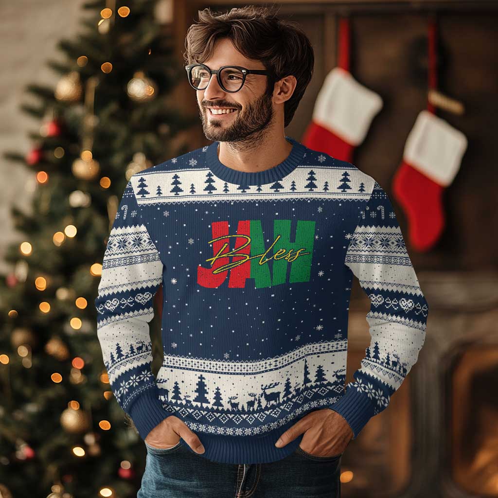Rastafarian Jah Bless Ugly Christmas Sweater Retro Reggae Rastafari Jamaica Rasta TS10 Navy Beige Print Your Wear