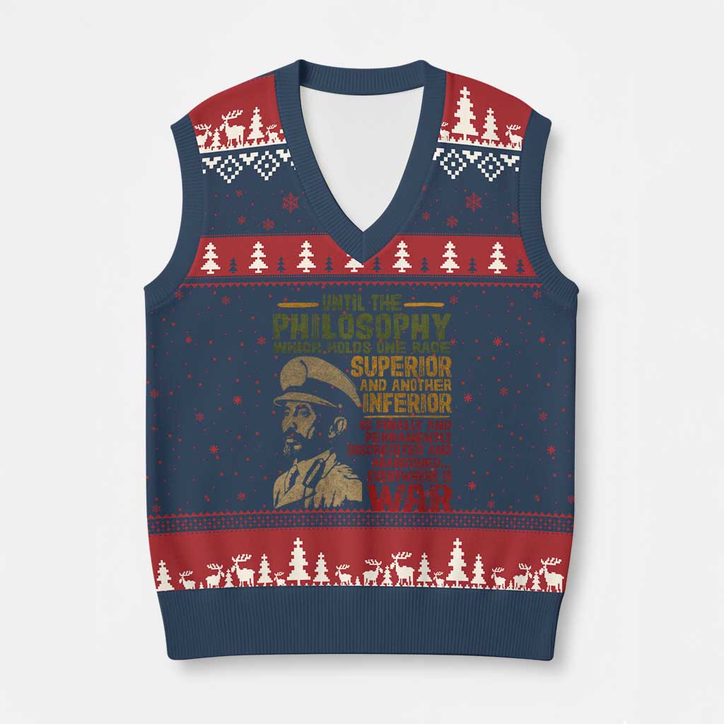 Haile Selassie V-Neck Knit Sweater Vest War Speech Lion of Judah Rasta Jah Bless TS10 Navy Red Print Your Wear