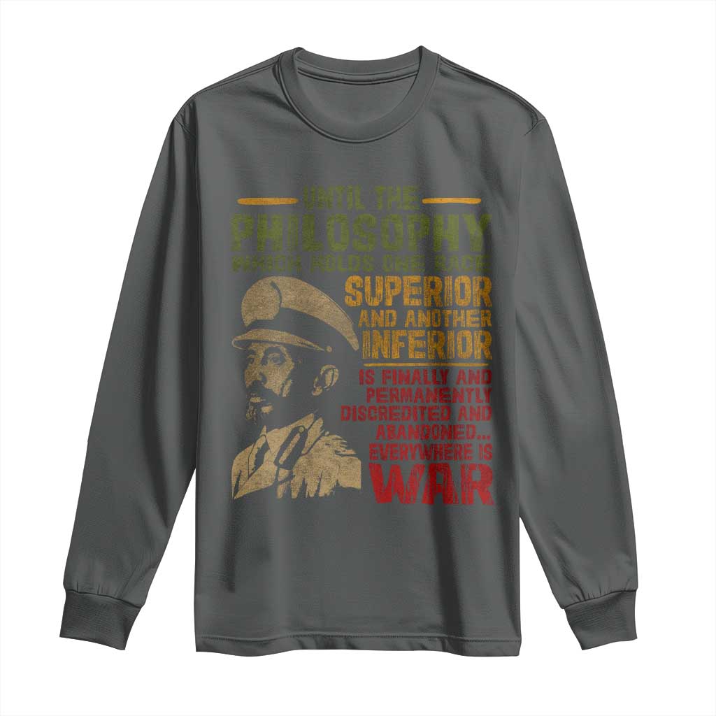 Haile Selassie Long Sleeve Shirt War Speech Lion of Judah Rasta Jah Bless TS10 Dark Heather Print Your Wear