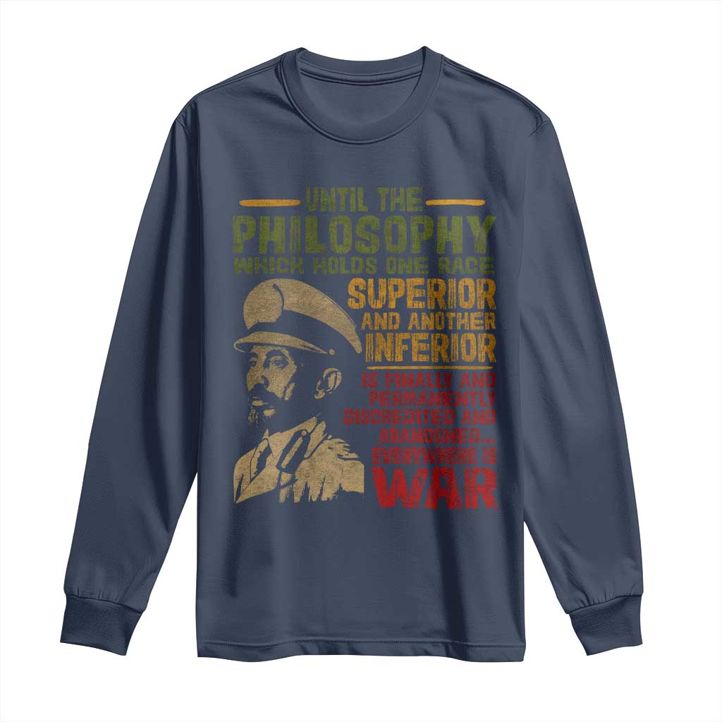 Haile Selassie Long Sleeve Shirt War Speech Lion of Judah Rasta Jah Bless TS10 Navy Print Your Wear