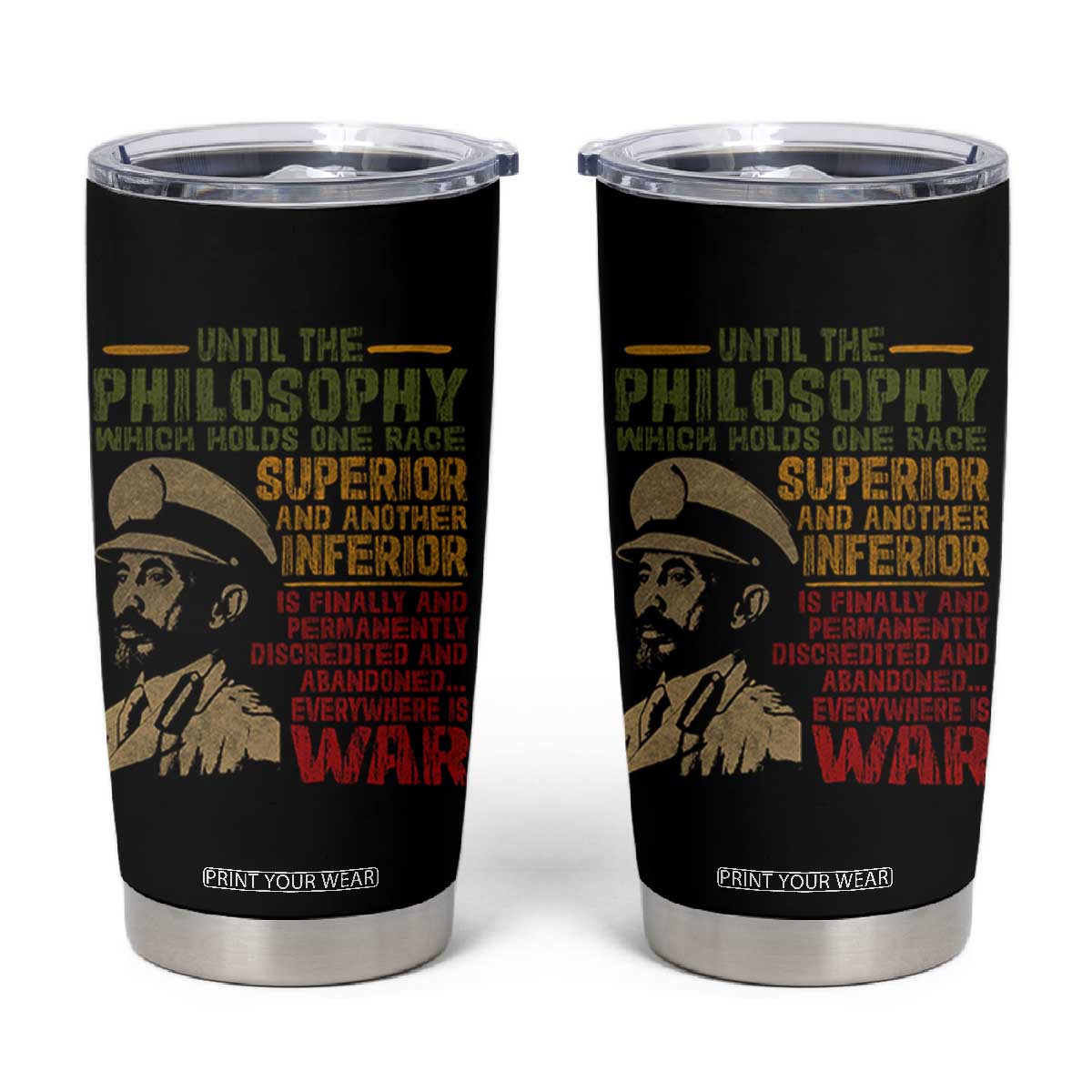 Haile Selassie Tumbler Cup War Speech Lion of Judah Rasta Jah Bless TS10 Black Print Your Wear