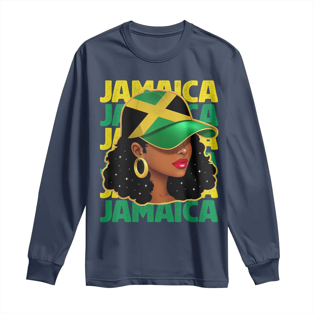 Proud Jamaican Afro Black Woman Jamaica Flag Pride Long Sleeve Shirt TS10 Navy Print Your Wear