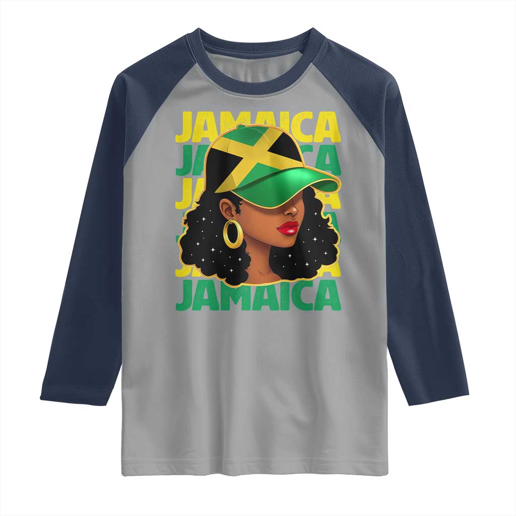 Proud Jamaican Afro Black Woman Jamaica Flag Pride Raglan Shirt TS10 Sport Gray Navy Print Your Wear