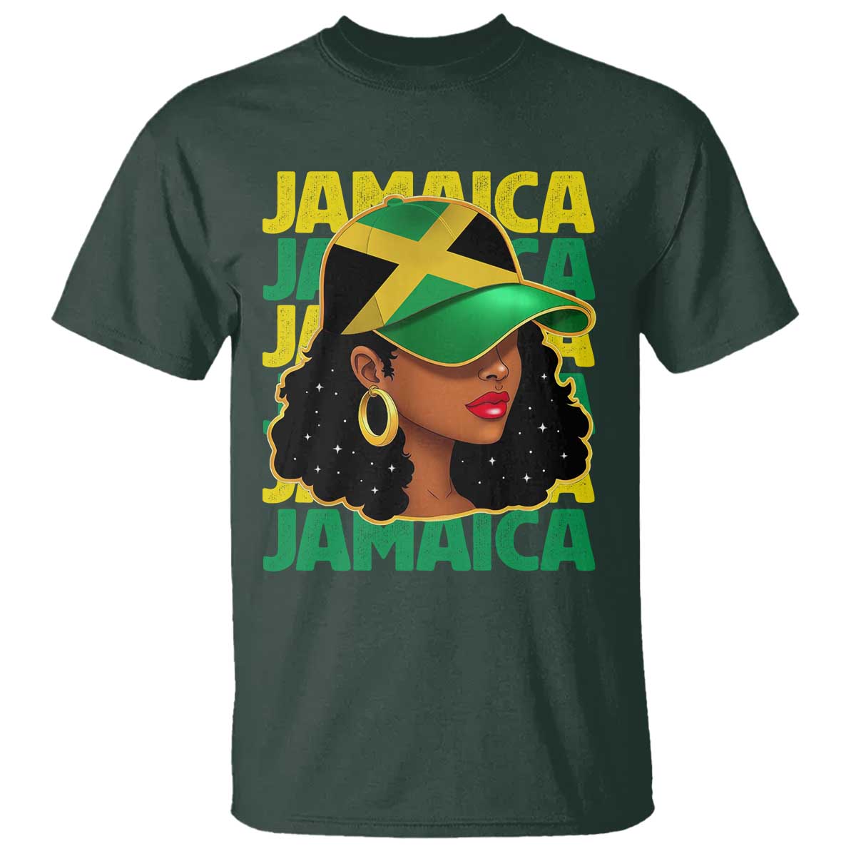 Proud Jamaican Afro Black Woman Jamaica Flag Pride T Shirt TS10 Dark Forest Green Print Your Wear