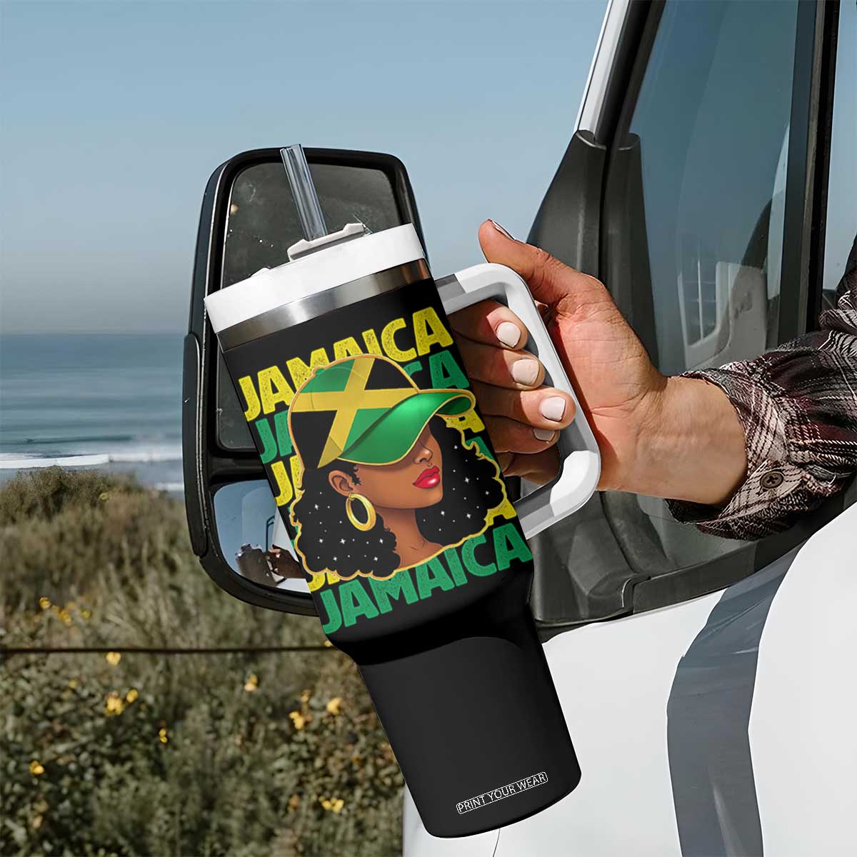 Proud Jamaican Afro Black Woman Jamaica Flag Pride Tumbler With Handle TS10 Print Your Wear