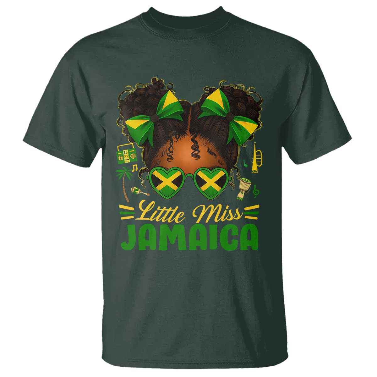Little Miss Jamaica T Shirt Proud Jamaican Afro Black Girls Jamaica Flag Pride TS10 Dark Forest Green Print Your Wear