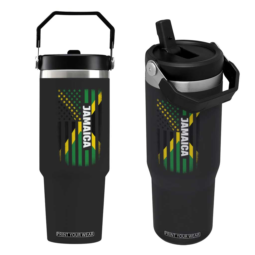 Jamaican American Flag Flip Straw Tumbler Distressed Jamaica America Usa Flag TS10 One Size: 30 oz Black Print Your Wear