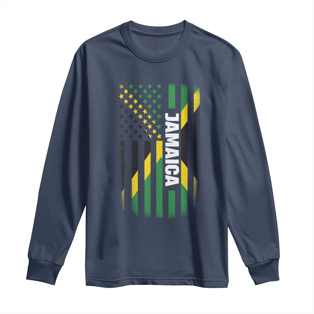 Jamaican American Flag Long Sleeve Shirt Distressed Jamaica America Usa Flag TS10 Navy Print Your Wear