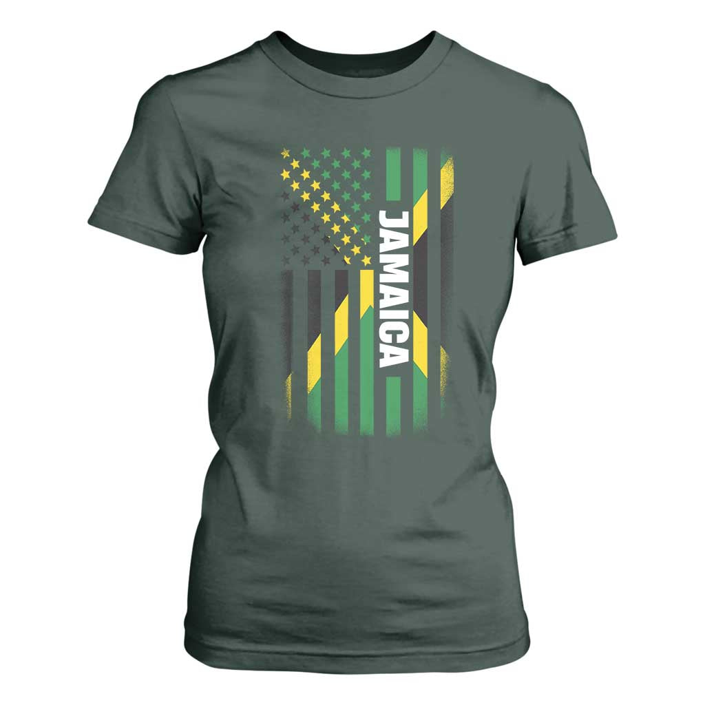 Jamaican American Flag T Shirt For Women Distressed Jamaica America Usa Flag TS10 Dark Forest Green Print Your Wear