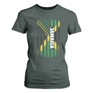 Jamaican American Flag T Shirt For Women Distressed Jamaica America Usa Flag TS10 Dark Forest Green Print Your Wear