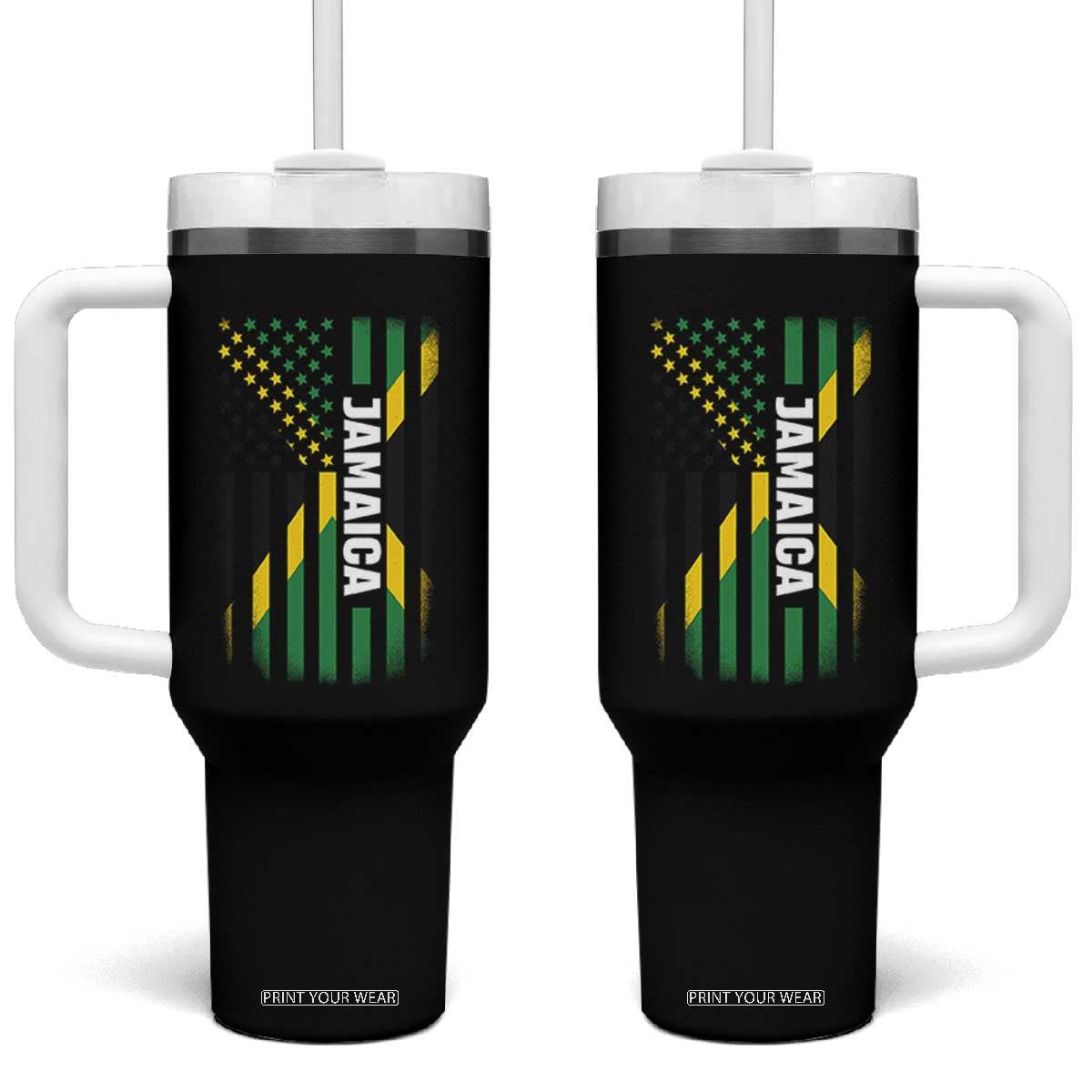 Jamaican American Flag Tumbler With Handle Distressed Jamaica America Usa Flag TS10 One Size: 40 oz Black Print Your Wear