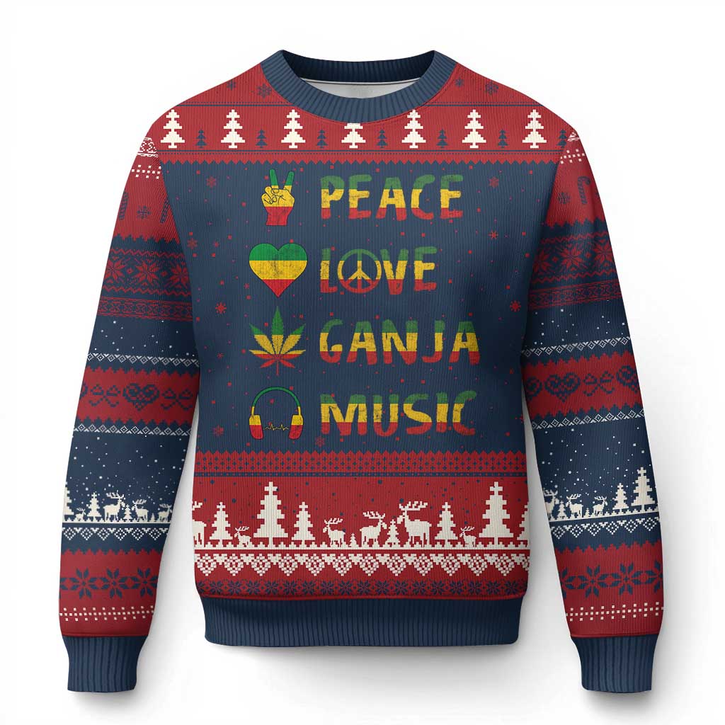 Rasta Weed Ugly Christmas Sweater Peace Love Ganja Marijuana Cannabis Reggae Music TS10 Navy Red Print Your Wear