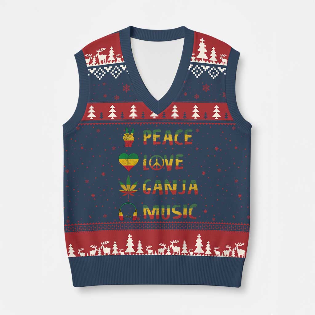 Rasta Weed V-Neck Knit Sweater Vest Peace Love Ganja Marijuana Cannabis Reggae Music TS10 Navy Red Print Your Wear