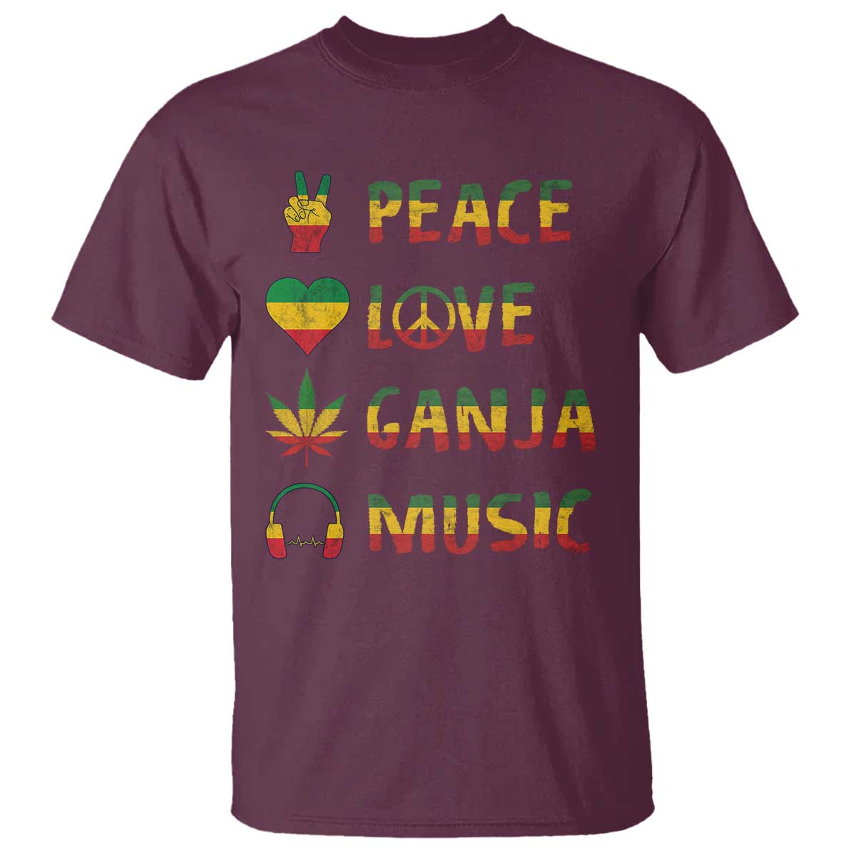 Rasta Weed T Shirt Peace Love Ganja Marijuana Cannabis Reggae Music TS10 Maroon Print Your Wear