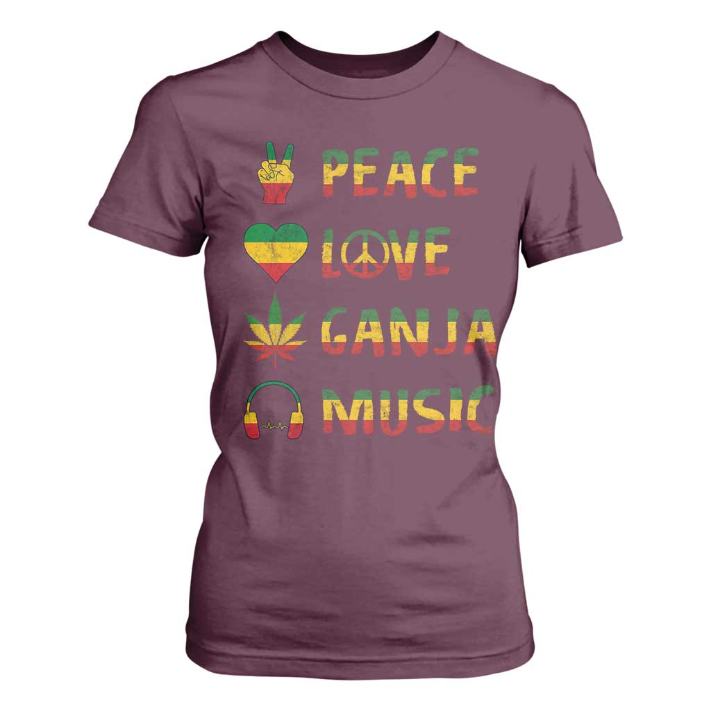 Rasta Weed T Shirt For Women Peace Love Ganja Marijuana Cannabis Reggae Music TS10 Maroon Print Your Wear