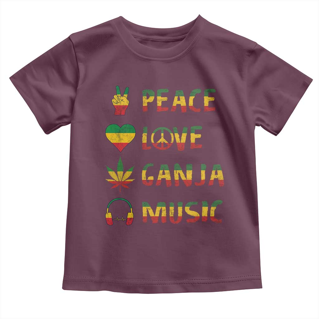 Rasta Weed Toddler T Shirt Peace Love Ganja Marijuana Cannabis Reggae Music TS10 Maroon Print Your Wear