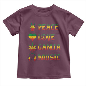 Rasta Weed Toddler T Shirt Peace Love Ganja Marijuana Cannabis Reggae Music TS10 Maroon Print Your Wear