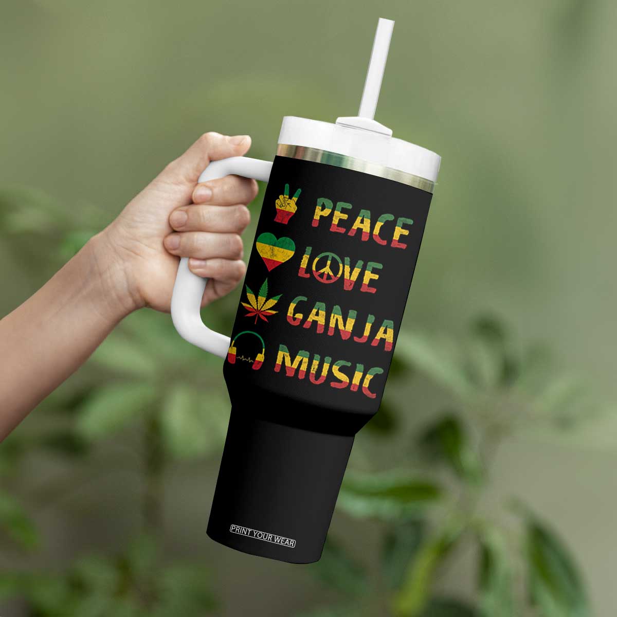 Rasta Weed Tumbler With Handle Peace Love Ganja Marijuana Cannabis Reggae Music TS10 Print Your Wear