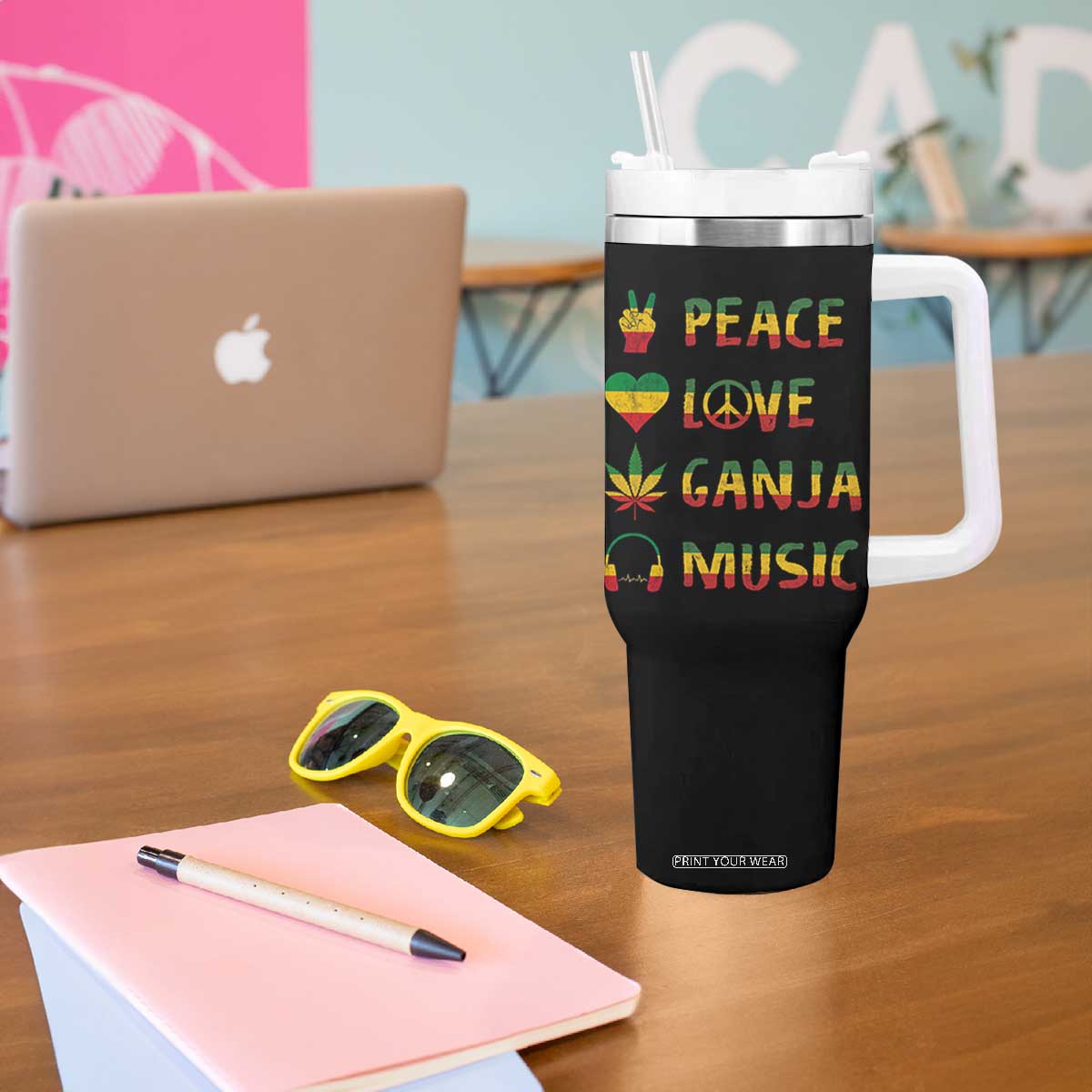 Rasta Weed Tumbler With Handle Peace Love Ganja Marijuana Cannabis Reggae Music TS10 Print Your Wear