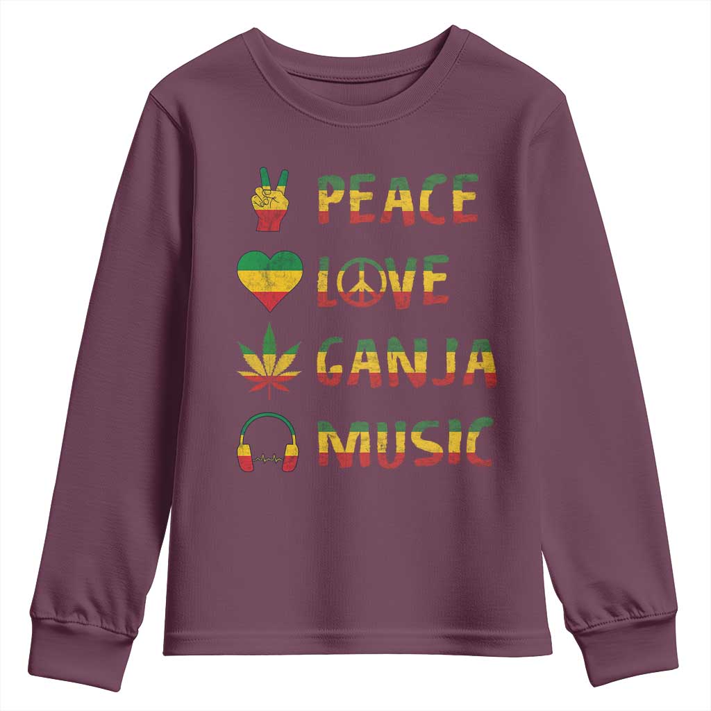 Rasta Weed Youth Sweatshirt Peace Love Ganja Marijuana Cannabis Reggae Music TS10 Maroon Print Your Wear