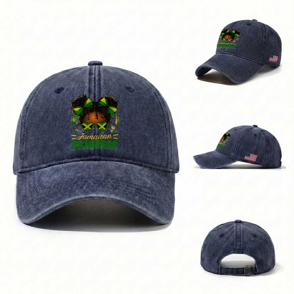 Jamaica Princess Washed Cotton Baseball Cap Proud Jamaican Afro Black Girls Jamaica Flag Pride TS10 Washed Cap Universal Fit Navy Print Your Wear