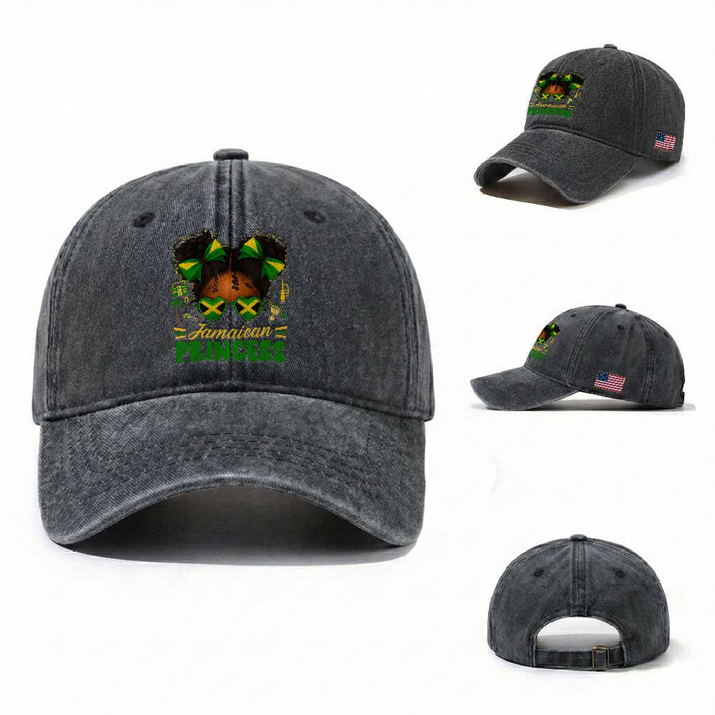 Jamaica Princess Washed Cotton Baseball Cap Proud Jamaican Afro Black Girls Jamaica Flag Pride TS10 Washed Cap Universal Fit Dark Gray Print Your Wear