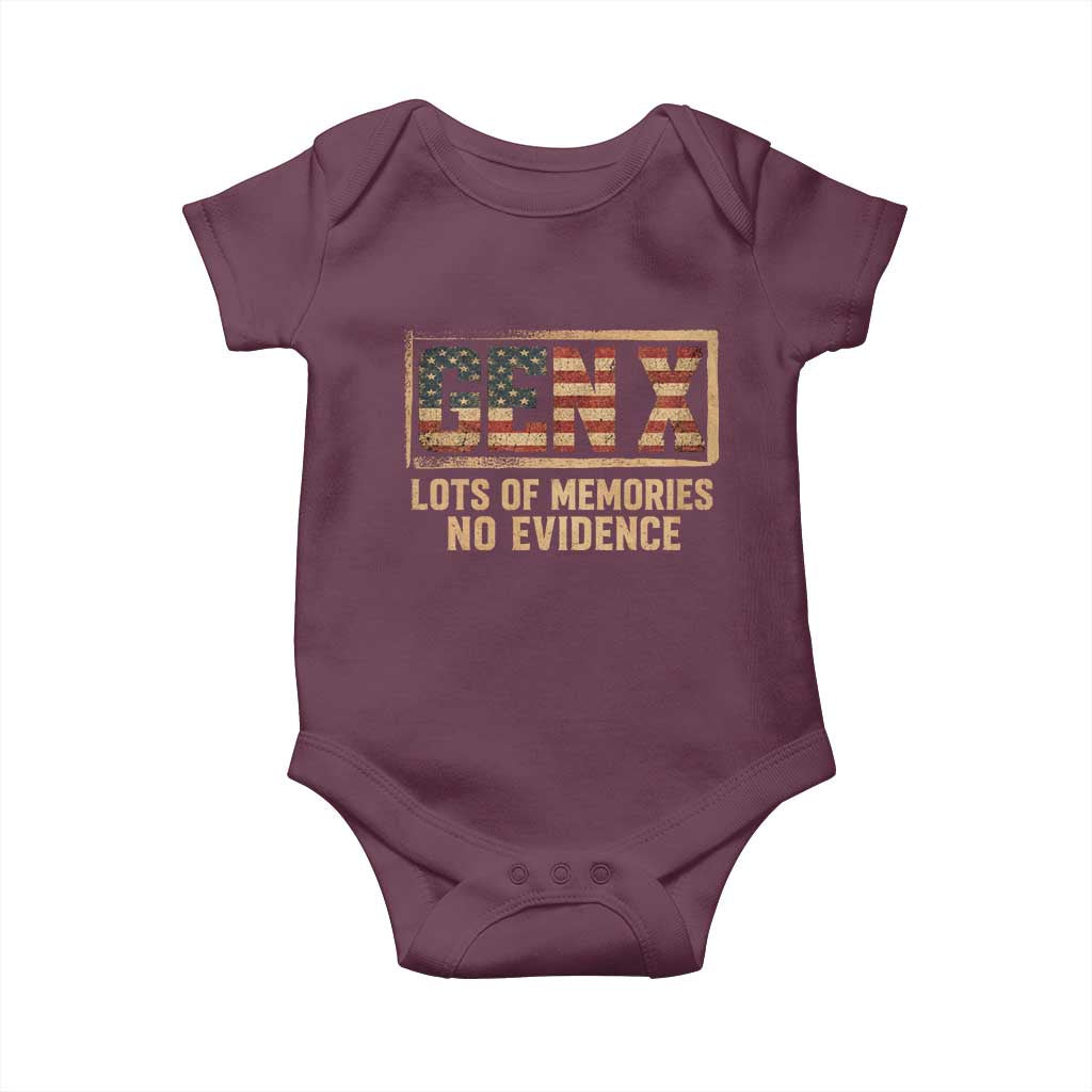 Funny Saying Sarcastic Gen X Lots of Memories No Evidence Baby Onesie Vintage American Flag