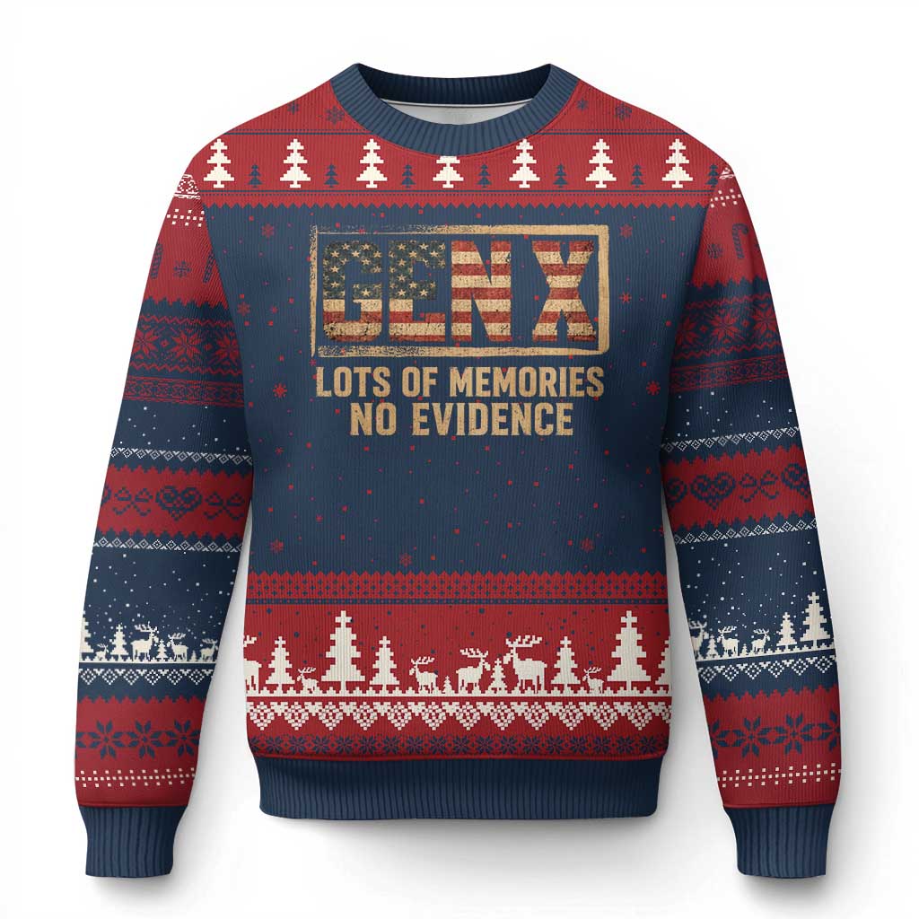 Funny Saying Sarcastic Gen X Lots of Memories No Evidence Ugly Christmas Sweater Vintage American Flag