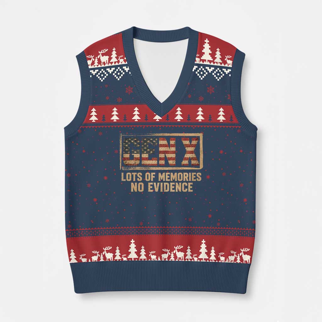 Funny Saying Sarcastic Gen X Lots of Memories No Evidence V-Neck Knit Sweater Vest Vintage American Flag