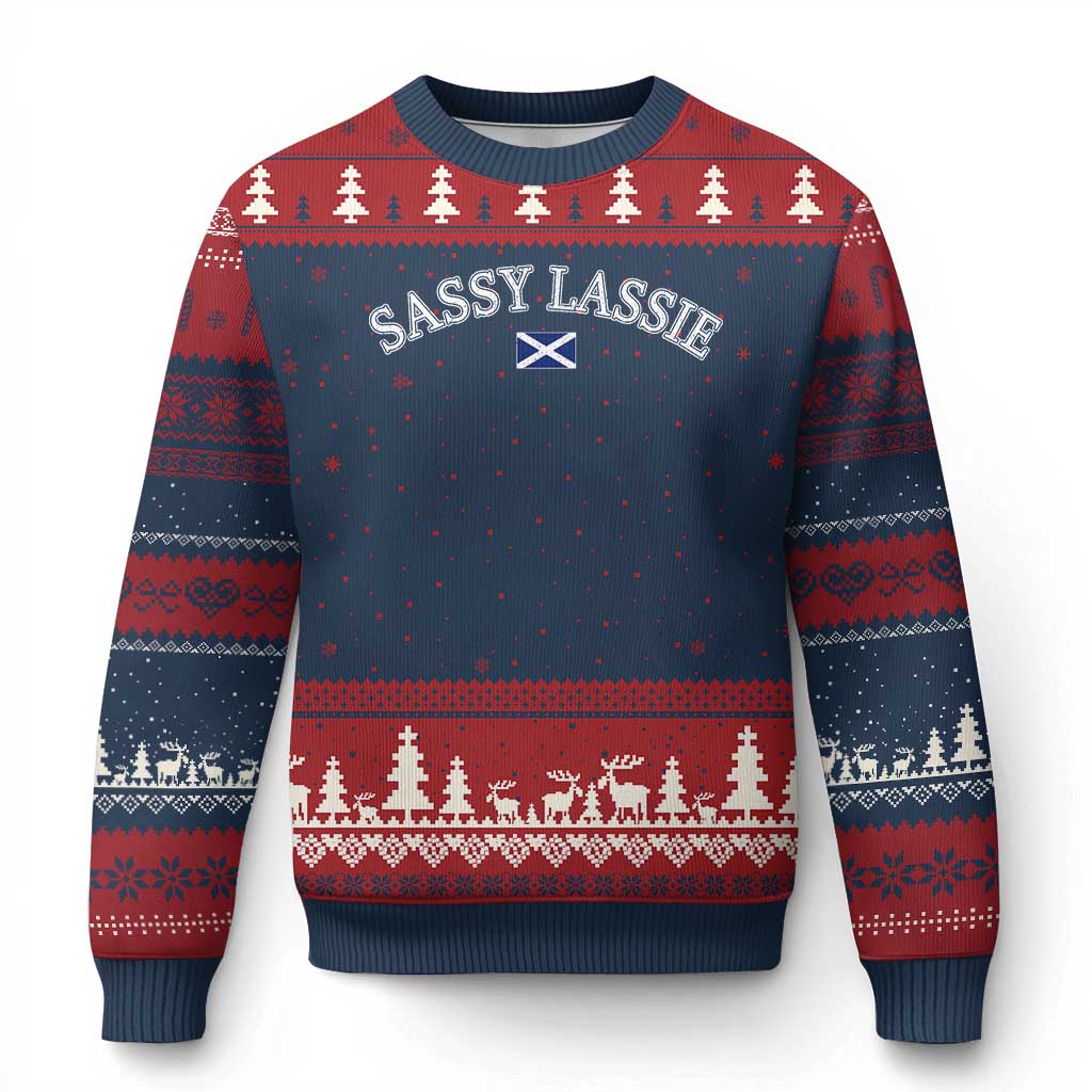 Sassy Lassie Scotland Flag Ugly Christmas Sweater Funny Scottish Pride Heritage Gift TS10 Navy Red Print Your Wear