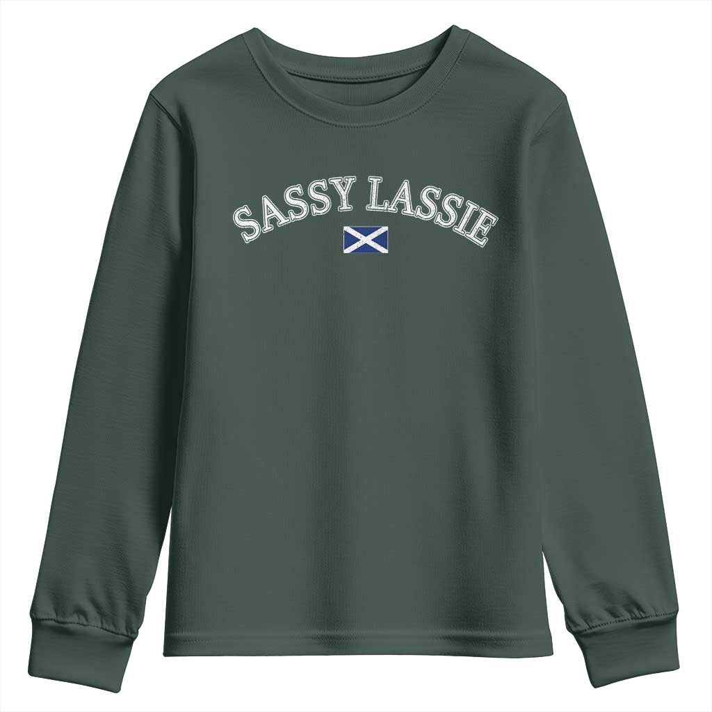 Sassy Lassie Scotland Flag Youth Sweatshirt Funny Scottish Pride Heritage Gift TS10 Dark Forest Green Print Your Wear