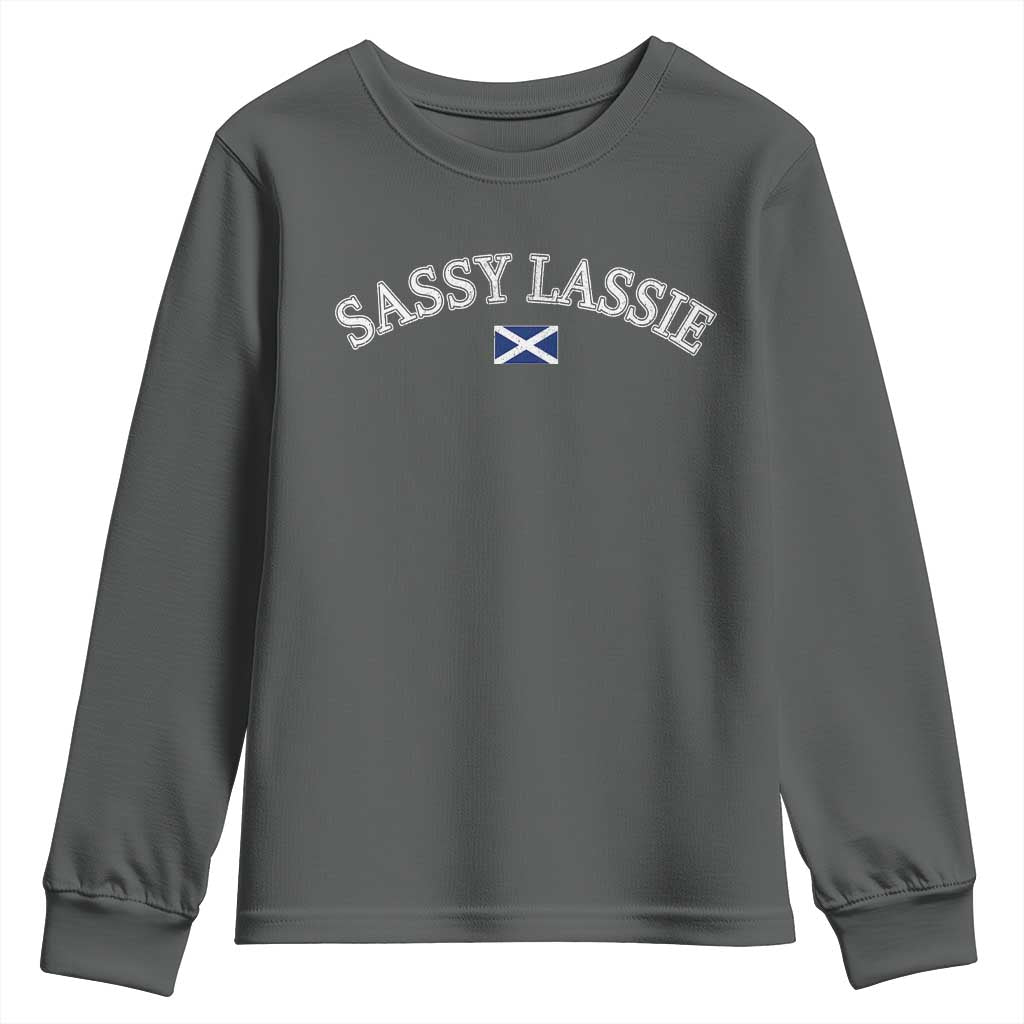 Sassy Lassie Scotland Flag Youth Sweatshirt Funny Scottish Pride Heritage Gift TS10 Dark Heather Print Your Wear