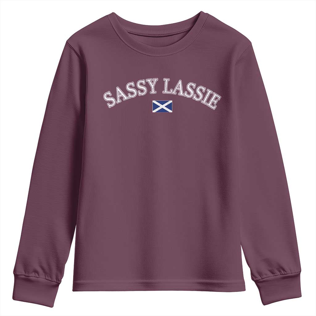 Sassy Lassie Scotland Flag Youth Sweatshirt Funny Scottish Pride Heritage Gift TS10 Maroon Print Your Wear