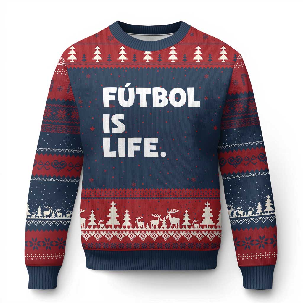 Futbol is Life Ugly Christmas Sweater Funny Soccer Gift For Football Players Fans TS10 Navy Red Print Your Wear