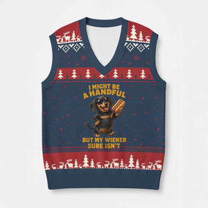 Funny Embarrassing Dachshund V-Neck Knit Sweater Vest Wiener Hot Dog Pun Crude Cringey Inappropriate Humor
