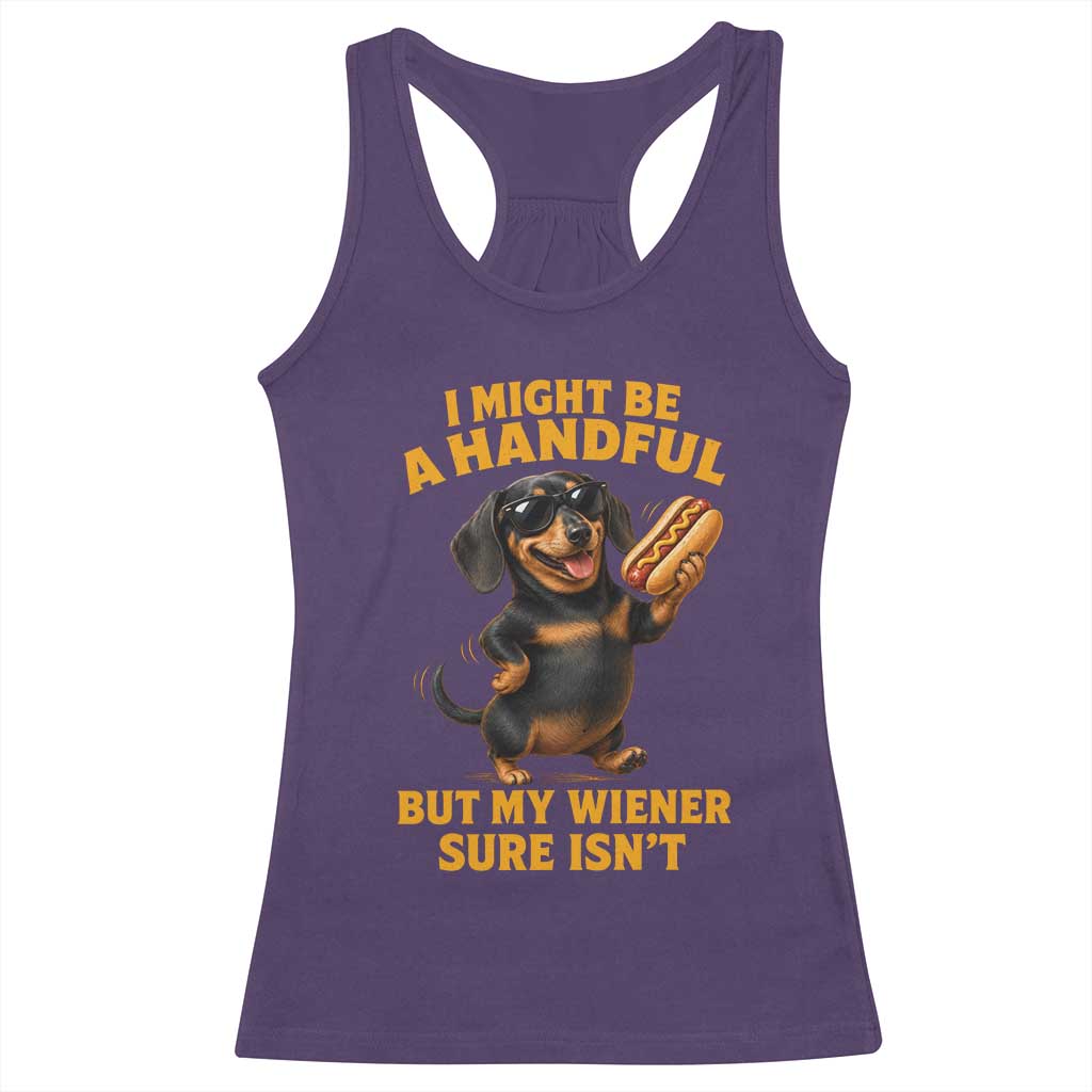 Funny Embarrassing Dachshund Racerback Tank Top Wiener Hot Dog Pun Crude Cringey Inappropriate Humor
