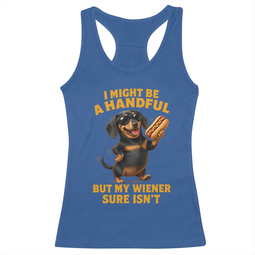 Funny Embarrassing Dachshund Racerback Tank Top Wiener Hot Dog Pun Crude Cringey Inappropriate Humor