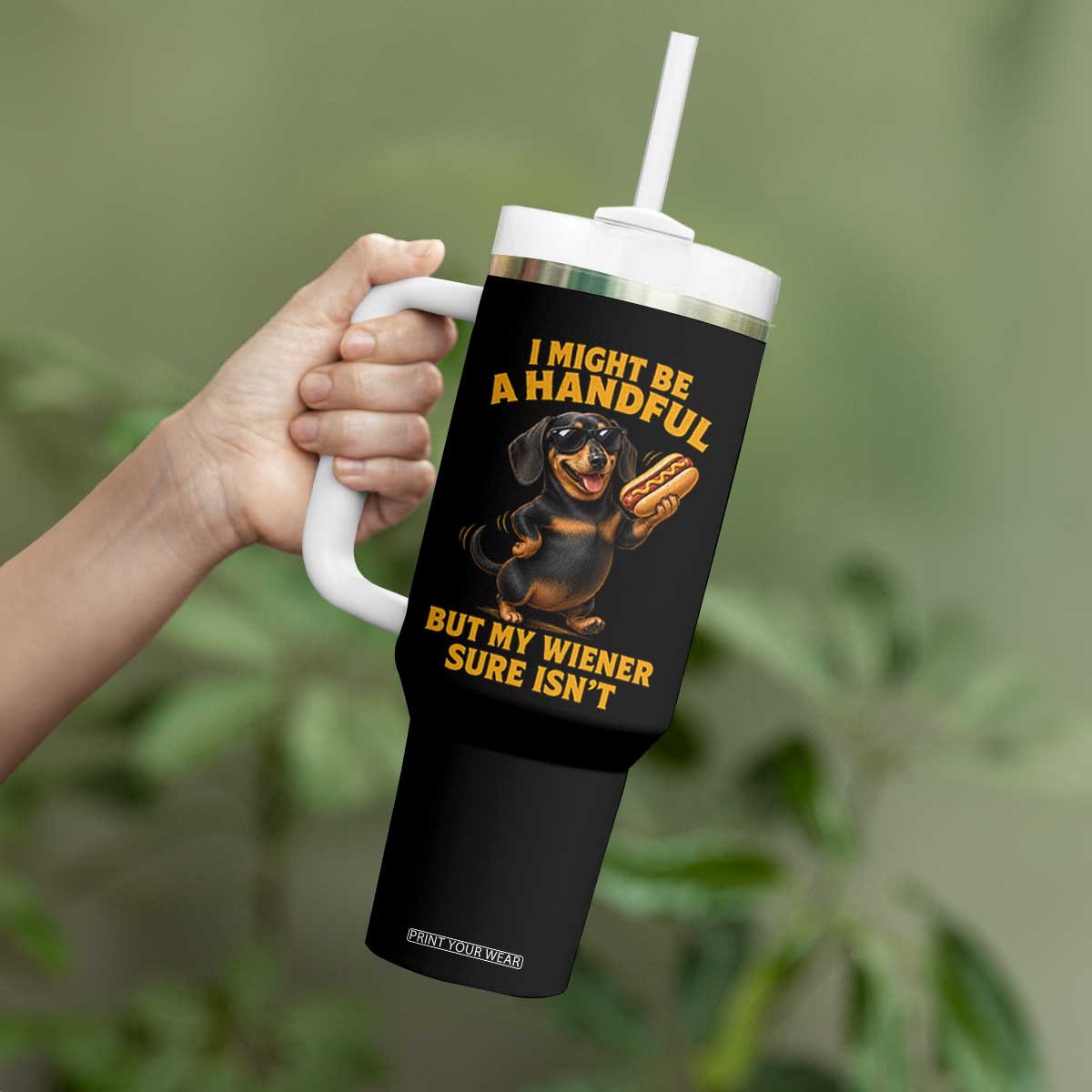 Funny Embarrassing Dachshund Tumbler With Handle Wiener Hot Dog Pun Crude Cringey Inappropriate Humor