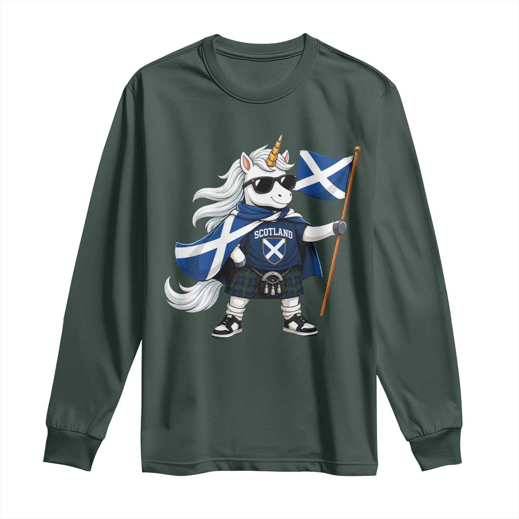 Funny Scotland Unicorn Long Sleeve Shirt Cool Scottish Unicorn with Kilt Flag Scotland Pride Football Fans
