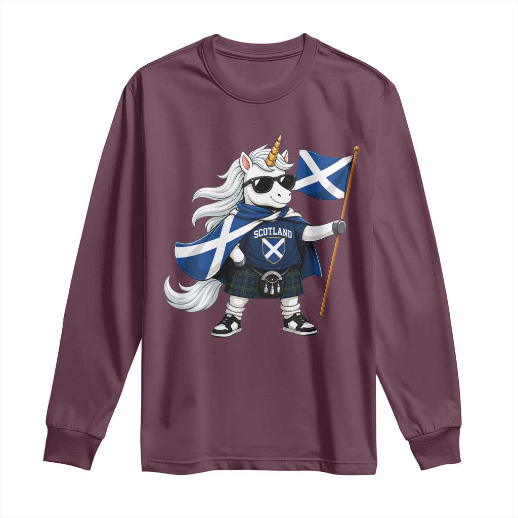 Funny Scotland Unicorn Long Sleeve Shirt Cool Scottish Unicorn with Kilt Flag Scotland Pride Football Fans