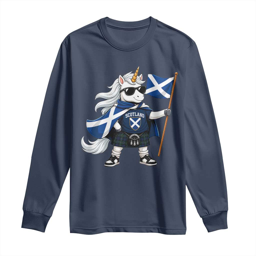 Funny Scotland Unicorn Long Sleeve Shirt Cool Scottish Unicorn with Kilt Flag Scotland Pride Football Fans