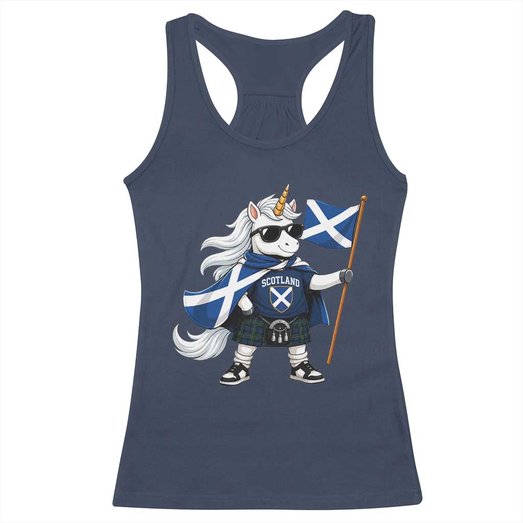 Funny Scotland Unicorn Racerback Tank Top Cool Scottish Unicorn with Kilt Flag Scotland Pride Football Fans