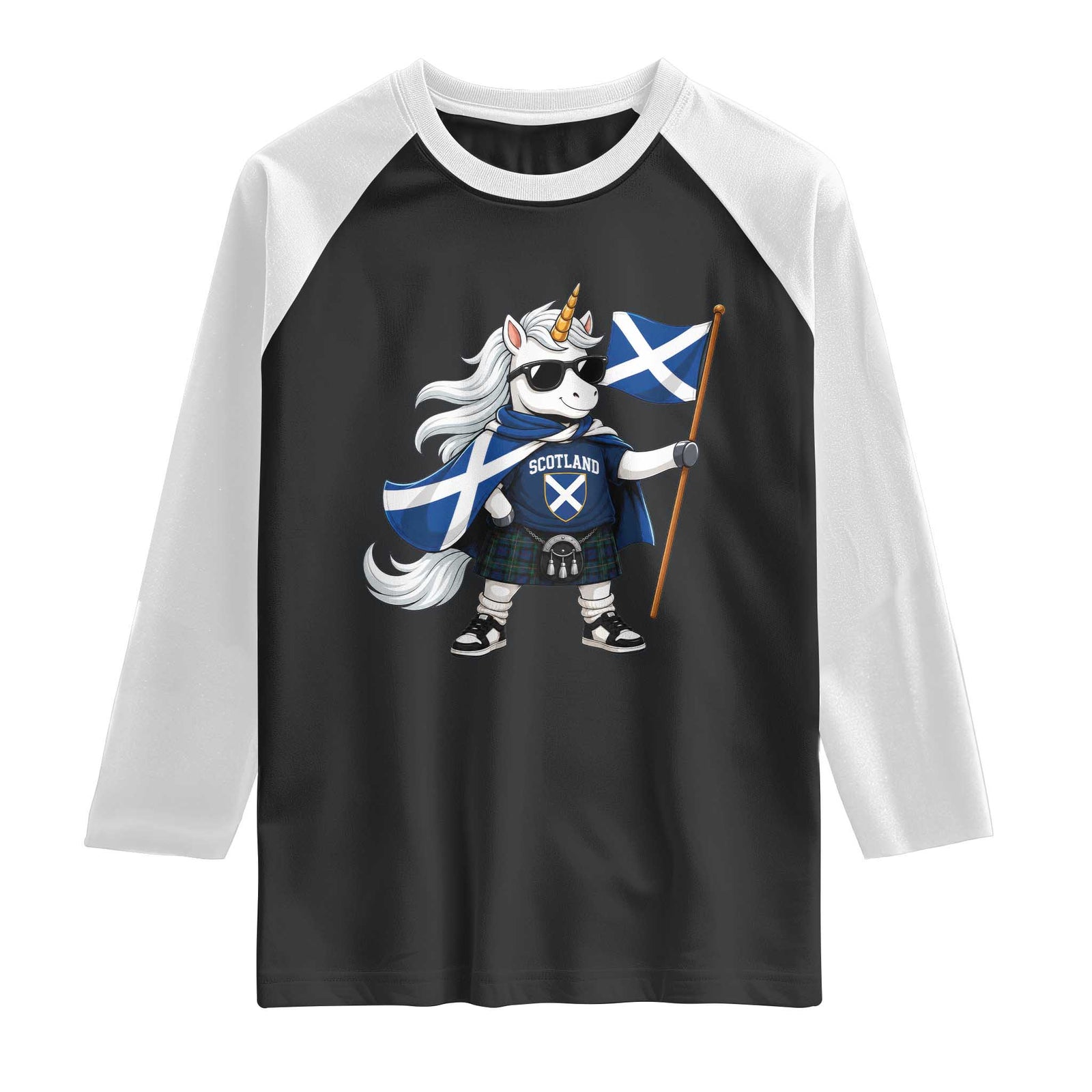 Funny Scotland Unicorn Raglan Shirt Cool Scottish Unicorn with Kilt Flag Scotland Pride Football Fans TS10 Black White Print Your Wear