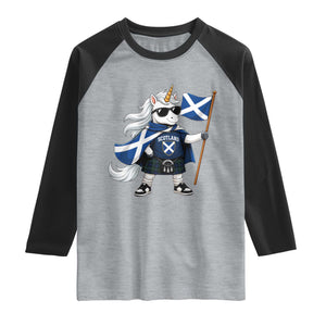 Funny Scotland Unicorn Raglan Shirt Cool Scottish Unicorn with Kilt Flag Scotland Pride Football Fans