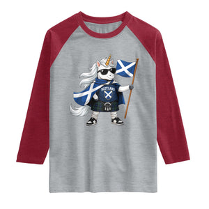 Funny Scotland Unicorn Raglan Shirt Cool Scottish Unicorn with Kilt Flag Scotland Pride Football Fans